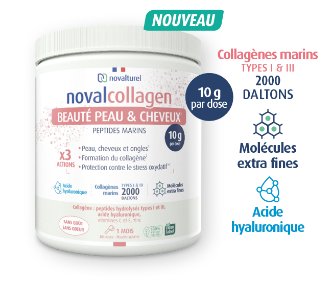 novalcollagen-beaute-peau-cheveux-articulations-peptides-marins-acide-hyaluronique-vitamines-C-E-pictos novalcollagen-beaute-peau-cheveux-ongles-formation-collagene-protection-stress-oxydatif